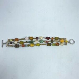 Multi Strand Bracelet Glass silver Tone Faux Pearl plastic beads stones FLAW